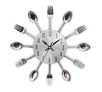 Horloge de cuisine effet miroir avec cuillère, fourchette, autocollant amovible en 3D pour la décoration de la maison 32*32*4CM argent métallique