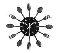 Horloge de cuisine effet miroir avec cuillère, fourchette, autocollant amovible en 3D pour la décoration de la maison 32*32*4CM Noir
