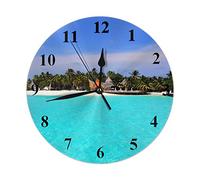 Horloge de plage tropicale Maldives mer océan île eau de mer claire feuilles de palmier horloge murale ronde 10 pouces silencieuse sans tic-tac horloge suspendue pour décor à la maison salon cuisine c