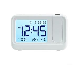 Horloge de projection rotative à 180 degrés offrant l'heure, la date, le jour, l'alarme, la température, l'humidité via l'écran LCD avant et l'image projetée (B)