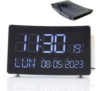 Horloge Incurvée XXL - Large Écran LCD Négatif - Grands Chiffres Numériques - Températures, 2 Alarmes, Date, 5 Langues - Luminosité Ajustable - Design Épuré et Futuriste Sans Rebord - Alimentation USB