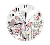 Horloge florale papillon sur fleur de pêcher roses feuilles au printemps jardin horloge murale ronde 10 pouces silencieuse sans tic-tac horloge à suspendre pour la décoration intérieure salon cuisine