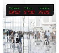 Horloge fuseaux horaires mondiaux avec télécommande, réglage de la luminosité à 3 niveaux, villes changeantes, idéal pour les hôtels, les chambres d'hôtes, les aéroports, les halls
