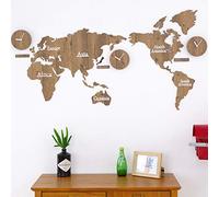 Horloge Mondiale Multifuseaux, Horloge Murale Geante 137X63 cm Bois, Horloge Murale Créative À La Mode Européenne Monde Carte Mur Art 3D Horloge Mural,wood02