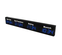 Horloge mondiale numérique LED - Horloge murale multi-fuseaux horaires pour bureau/maison/école, affiche l'heure pour 3/4/5 villes, parfaite pour le salon, 4 zones de ville, couleur bleue