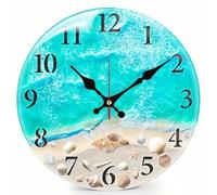 Horloge murale, 10 rondes décoratives acryliques plage côtière côte extérieure avec mouvement silencieux pour le jardin de piscine de patio extérieur intérieur, décoration piscine, bleu clair