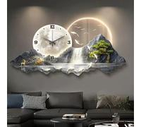 Horloge Murale 3D de Luxe avec lumière LED, Art Mural Moderne représentant Un Paysage Oriental avec des Cerfs et des carpes koï, Horloge Murale silencieuse rétroéclairée pour entrée, œuvre d
