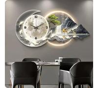 Horloge Murale 3D de Luxe avec lumière LED, Art Mural Moderne représentant Un Paysage Oriental avec des Cerfs et des carpes koï, Horloge Murale silencieuse rétroéclairée pour entrée, œuvre d