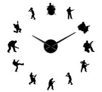 Horloge murale 3D silencieuse moderne à monter soi-même, lecteur de guitare, décoration murale, auto-adhésive, en acrylique, effet miroir, noir, 119,4 cm