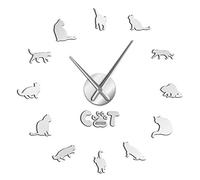 Horloge murale à motif chat américain à poil court à faire soi-même - Effet miroir - Chiffres avec grande aiguille - Décoration murale (argent, 94 cm)