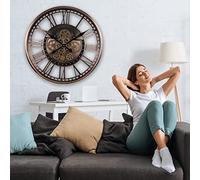 Horloge Murale avec Engrenage Qui Tourne, Horloge Murale Geante Vintage Industrielle Romaine 3D Silencieuse pour Salon Bar Restaurant (Color:Cuivre Rouge)