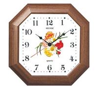 Horloge murale bois teinté noyer octogonale fleurs