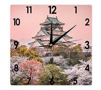 Horloge murale carrée château d'Osaka au coucher du soleil, beau temple japonais cerisier en fleurs - Horloge silencieuse sans tic-tac - 30,5 cm, fonctionne avec piles - Paysage urbain - Ferme -