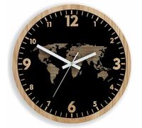 Horloge murale carte du monde | Horloge à quartz sans tic-tac de 30 cm | Cadre en bois | Design noir moderne et élégant avec carte du monde dorée | Horloge décorative silencieuse pour salon, bureau