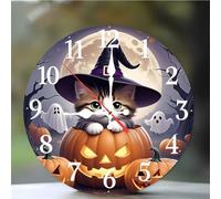 Horloge Murale Chat Nuit de la Terreur 20cm, Moderne Silencieuse Pendule Murale, Arabes Chiffres Pendules Murales Facile à Lire, horloge murale Ronde pour Décoration de Cuisine Salon Chambre Bureau