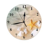 Horloge murale de plage, sable, coquillage, étoile de mer, vacances, océan, été, bord de mer, côte, vague, nature, horloges rondes décoratives silencieuses, sans tic-tac, 25 cm, PVC rustique et