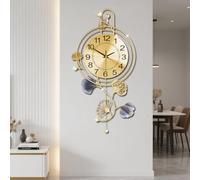 Horloge murale décorative à cadran doré avec motif de feuille verte - Mouvement silencieux, cadre en métal et aiguilles noires transparentes pour une décoration élégante de maison/bureau