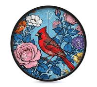 Horloge murale décorative avec illustration d'oiseau rouge et de fleur, horloge murale silencieuse sans tic-tac, horloge ronde pour salon, chambre, salle de bain, cuisine, bureau, appartement