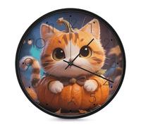 Horloge murale décorative en forme de chat citrouille - Silencieuse - Sans tic-tac - Pour salon, chambre, salle de bain, cuisine, bureau, appartement - 25,4 cm - Noir