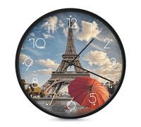 Horloge murale décorative en forme de tour Eiffel avec parapluie rouge - Silencieuse et sans tic-tac - Pour salon, chambre à coucher, salle de bain, cuisine, bureau, appartement - 25,4 cm - Blanc