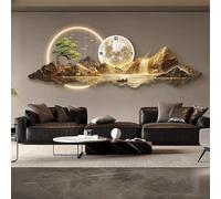 Horloge Murale décorative Moderne 3D Lumineuse avec LED, Paysage de Montagne illuminé, Faux Arbre et Lune, en Acrylique, Cristal et Porcelaine, idéale pour Le Salon (L, 35 x 100 cm