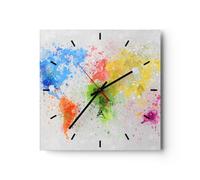 Horloge Murale Design Moderne Carte Monde Moderne 30x30cm Petit Pendule Murale en Verre Cuisine Salon Chambre Silencieuse Originale Wall Clock Décoration Murale Art Wall Decor C3AC30x30-3559