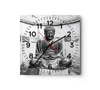Horloge Murale Design Moderne Japonais Bouddha Statue 30x30cm Petit Pendule Murale en Verre Cuisine Salon Chambre Silencieuse Originale Wall Clock Décoration Murale Art Wall Decor C4AC30x30-4329