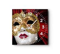 Horloge Murale Design Moderne Masque vénitien costume amusement plume 40x40cm Grand Pendule murale en verre Cuisine Salon Chambre Silencieuse Originale Clock Décoration Murale Art C4AC40x40-0437