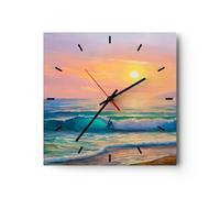 Horloge Murale Design Moderne mer Vague Rivage 30x30cm Petit Pendule Murale en Verre Cuisine Salon Chambre Silencieuse Originale Wall Clock Décoration Murale Art Wall Decor C3AC30x30-3915