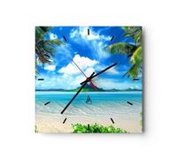 Horloge Murale Design Moderne Plage vacances île palmier 30x30cm Petit Pendule murale en verre Cuisine Salon Chambre Silencieuse Originale Wall Clock Décoration Murale Art Wall Decor C3AC30x30-2528