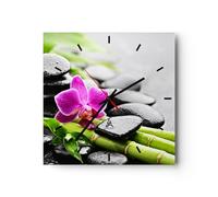 Horloge Murale Design Moderne Plante Pierres bambous Spa 40x40cm Grand Pendule Murale en Verre Cuisine Salon Chambre Silencieuse Originale Wall Clock Décoration Murale Art Wall Decor C3AC40x40-2681