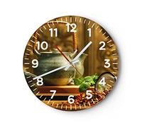 Horloge Murale Design Moderne Thé Herbes Tasses Tradition 30x30cm Grand Pendule Murale en Verre Cuisine Salon Chambre Silencieuse Originale Wall Clock Décoration Murale Art Wall Decor C4AR30x30-2628