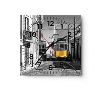 Horloge Murale Design Moderne Tram Portugal Lisbonne 40x40cm Grand Pendule Murale en Verre Cuisine Salon Chambre Silencieuse Originale Wall Clock Décoration Murale Art Wall Decor C4AC40x40-4977