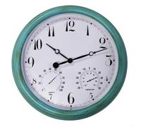 Horloge murale d'extérieur en plastique de 38,1 cm avec caractéristiques résistantes aux intempéries et affichage intégré de la température et de l'humidité, conçue pour les murs de terrasse et de