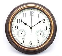 Horloge murale d'extérieur étanche de 30,5 cm avec thermomètre et hygromètre, pour jardin et terrasse, avec mouvement silencieux pour éviter les bruits de tic-tac (cuivre rouge)