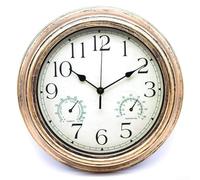 Horloge murale d'extérieur silencieuse avec thermomètre et hygromètre intégrés pour jardin et terrasse (bronze doré)