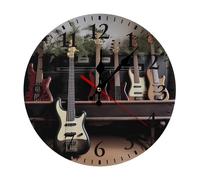 Horloge murale d'instruments de musique guitare basse pour la maison, horloge silencieuse à piles pour bureau, horloge murale ronde tendance noire avec chiffres arabes pour cuisine, salon, 25 x 25 cm
