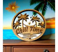 Horloge murale en bois avec miroir, motif palmier tropical, thème de l'heure d'été, bois naturel, forme ronde, décoration murale 25 cm