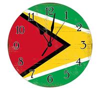 Horloge murale en bois Guyane à quartz silencieuse à piles pour décoration d'intérieur - Horloge rustique rustique de 25,4 cm - Horloge ronde pour salle à manger, salon, drapeau national, cadeau