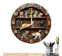 Horloge murale en bois sur le thème du chat mignon - Mouvement à quartz silencieux, support professionnel pour bibliothèque et bureau, salon et chambre à coucher, finition grain de bois naturel de 30