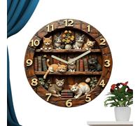 Horloge murale en forme de chat - 20,3 cm - Horloge ronde décorative rétro en bois silencieuse, statue de chat rétro | Pour salon, chambre à coucher, bureau, dortoir, salle de amping-car