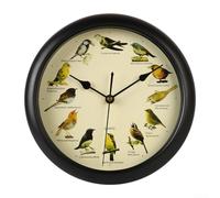 Horloge murale en résine de 33 cm avec douze sons d'oiseaux chanteurs jouant à l'heure, comprend des noms d'oiseaux britanniques et européens, mécanisme à piles (noir)