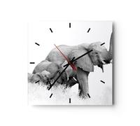 Horloge murale en verre 30x30cm Éléphants Famille Noir Et Blanc Wall Clock