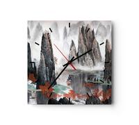 Horloge murale en verre 30x30cm montagnes conte de fée brouillard Wall Clock