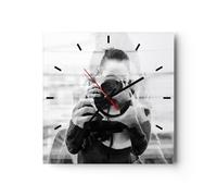 Horloge murale en verre 30x30cm Photographe Noir Et Blanc Double Wall Clock