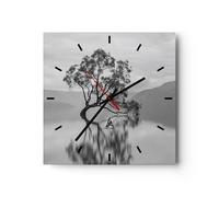 Horloge murale en verre 30x30cm Silencieuse Arbre Symétrie Lac Wall Clock
