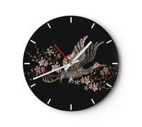 Horloge murale en verre 30x30cm Silencieuse Asiatique Oiseau Fleurs Wall Clock