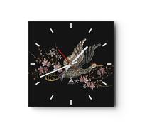 Horloge murale en verre 30x30cm Silencieuse Asiatique Oiseau Fleurs Wall Clock