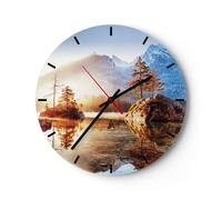 Horloge murale en verre 30x30cm Silencieuse Aube Montagnes Lac Wall Clock
