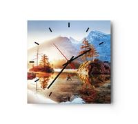 Horloge murale en verre 30x30cm Silencieuse Aube Montagnes Lac Wall Clock